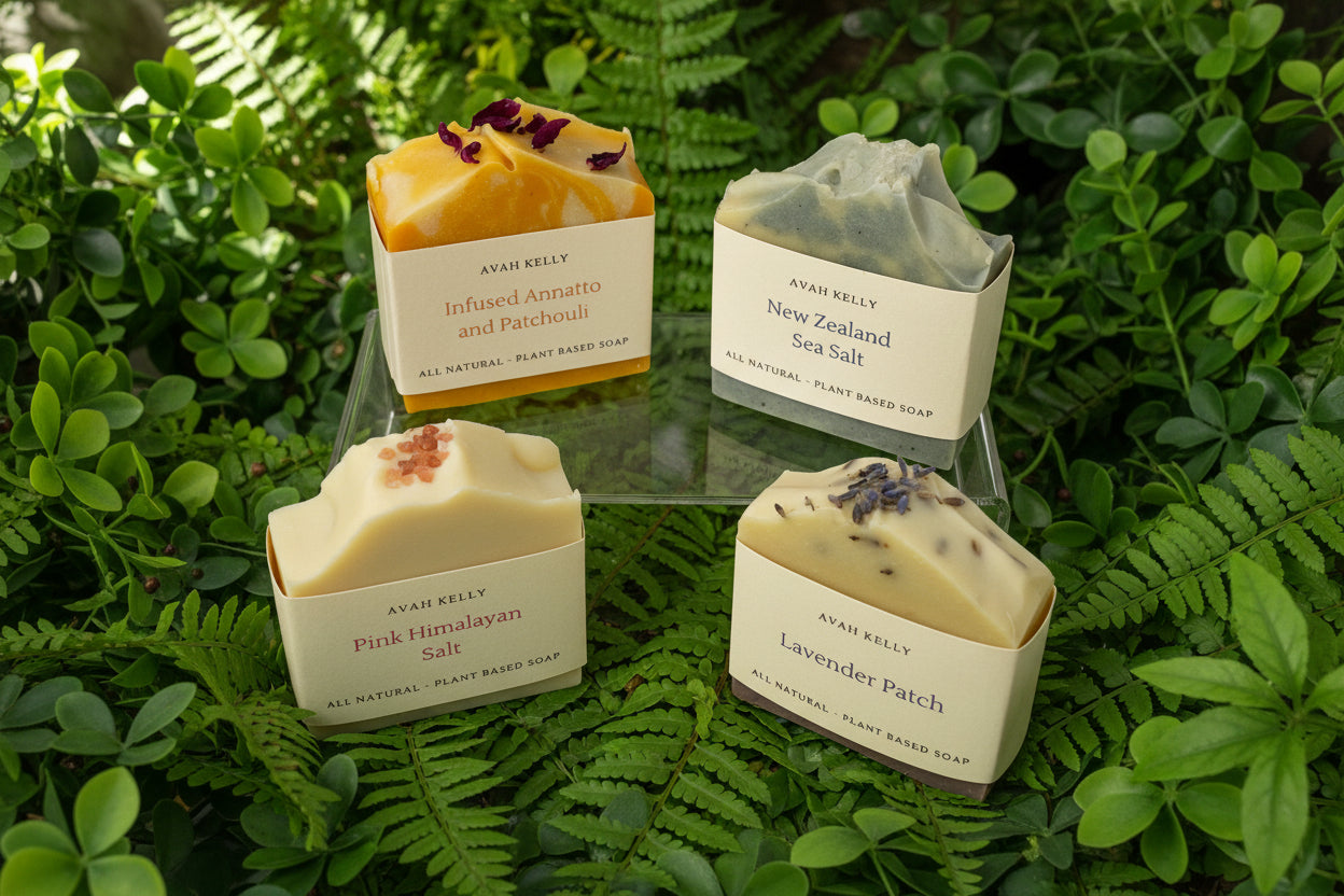 Four soaps with visible labels on a leaf background