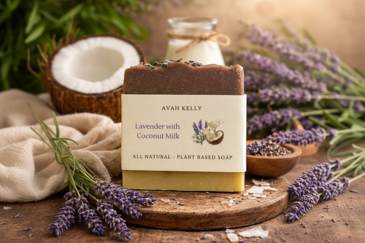 Avah Kelly lavender with coconut milk soap on a wooden board with lavender and coconut elements.