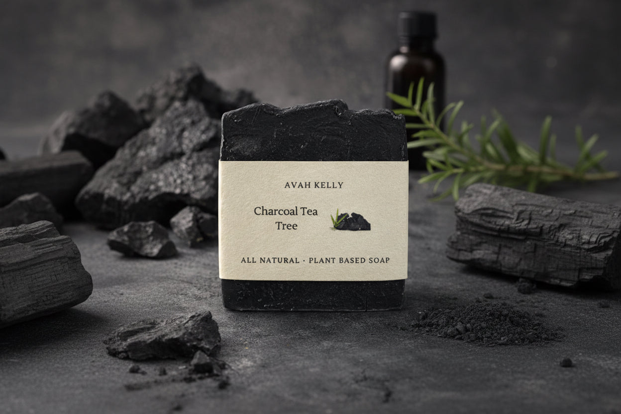 All natural plant-based soap bar with Avah Kelly branding on a dark background