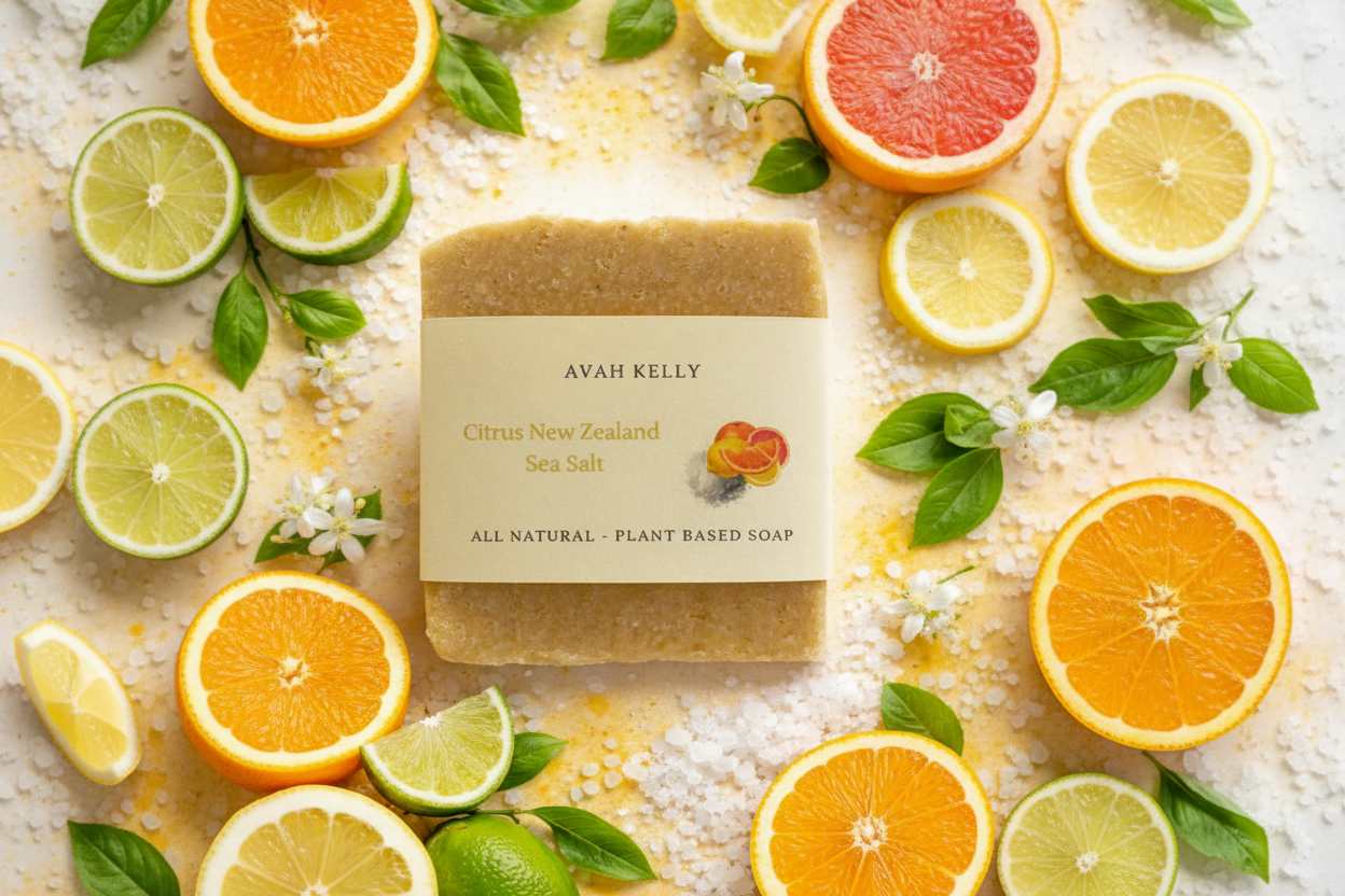 Avah Kelly Citrus New Zealand Sea Salt soap bar surrounded by citrus fruits and sea salt crystals.