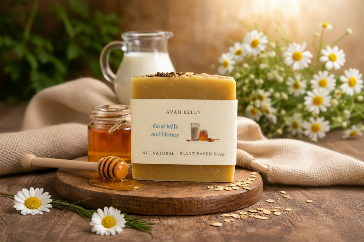 Avah Kelly goat milk and honey soap on a wooden board with milk, honey, and flowers in the background.