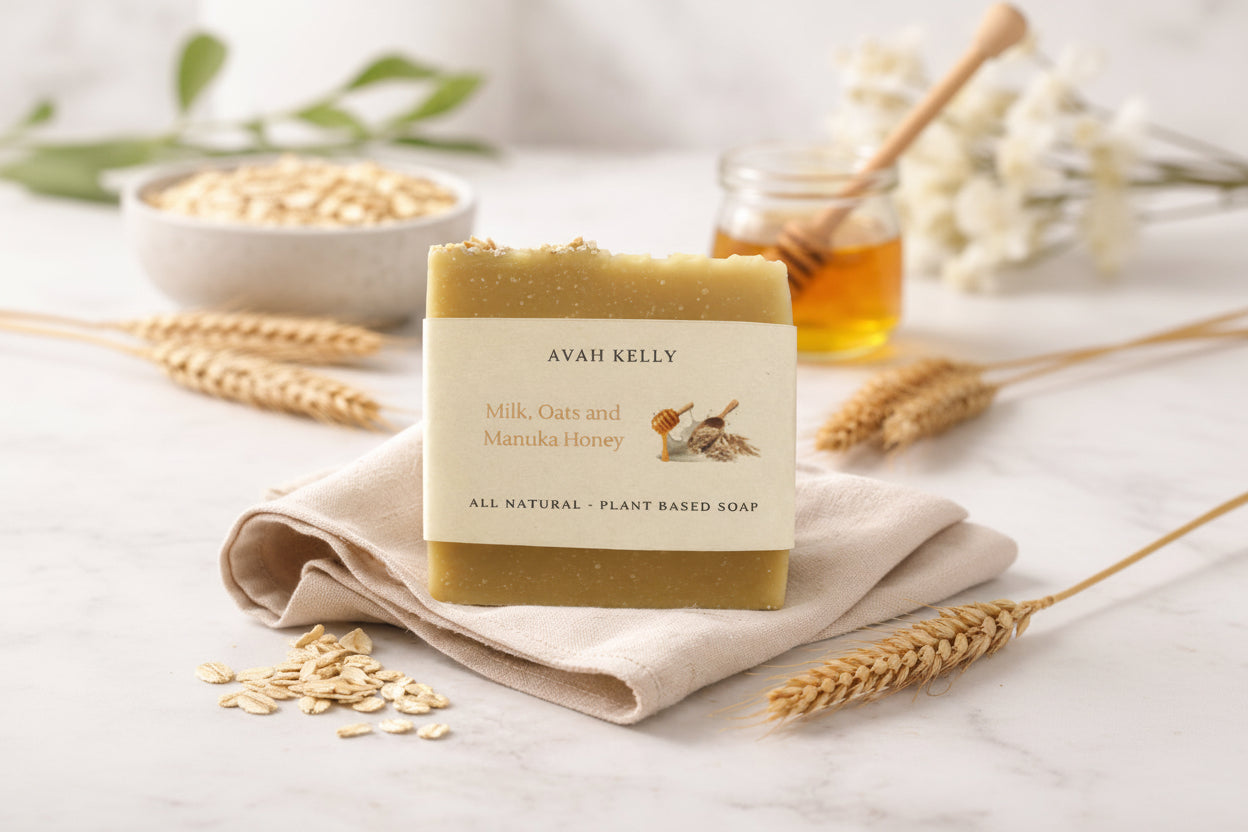 Avah Kelly soap bar with oats and honey on a light background