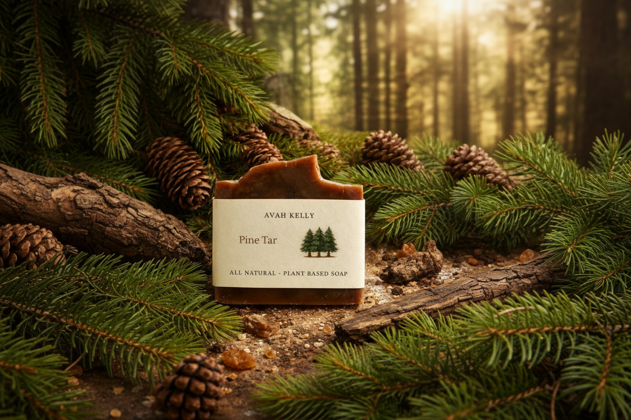 Avah Kelly Pine Tar soap bar with a label on a forest background