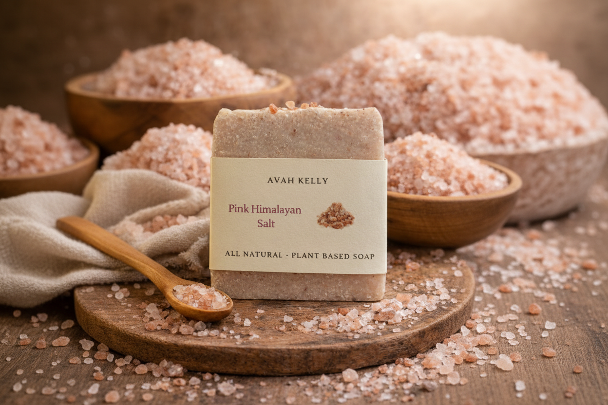 Bar of Avah Kelly Pink Himalayan Salt soap on a wooden surface with salt crystals around